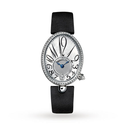 The Breguet Reine de Naples 8918 is a luxury oval-faced wristwatch with a diamond bezel, mother-of-pearl dial, black Arabic numerals, blue hands, and a black leather strap—a refined homage to Swiss watchmaking.