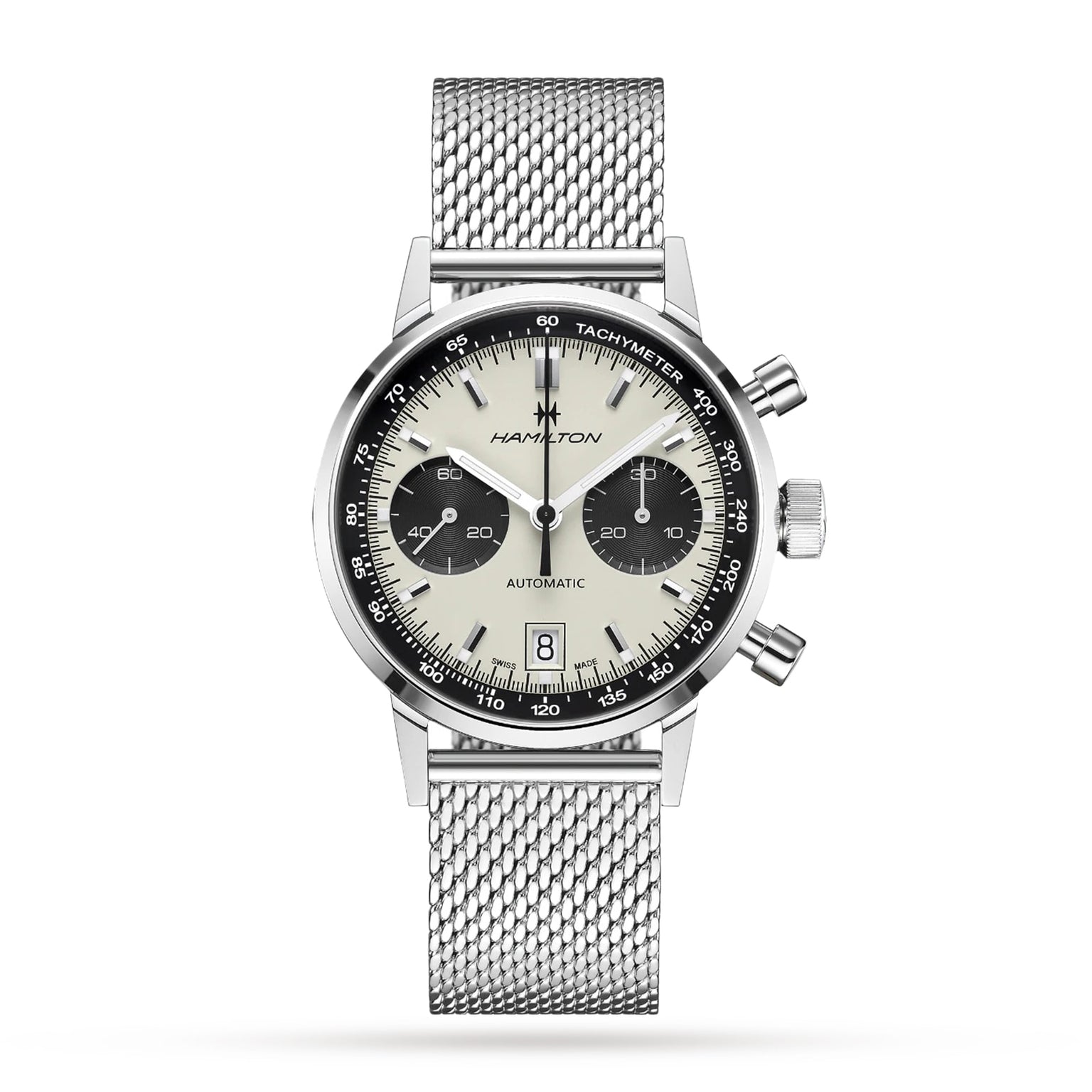 The Hamilton American Classic Intra-Matic Auto Chrono features a silver stainless steel mesh bracelet, cream and black panda dial, two subdials, a date window at 6 o’clock, and a tachymeter scale.