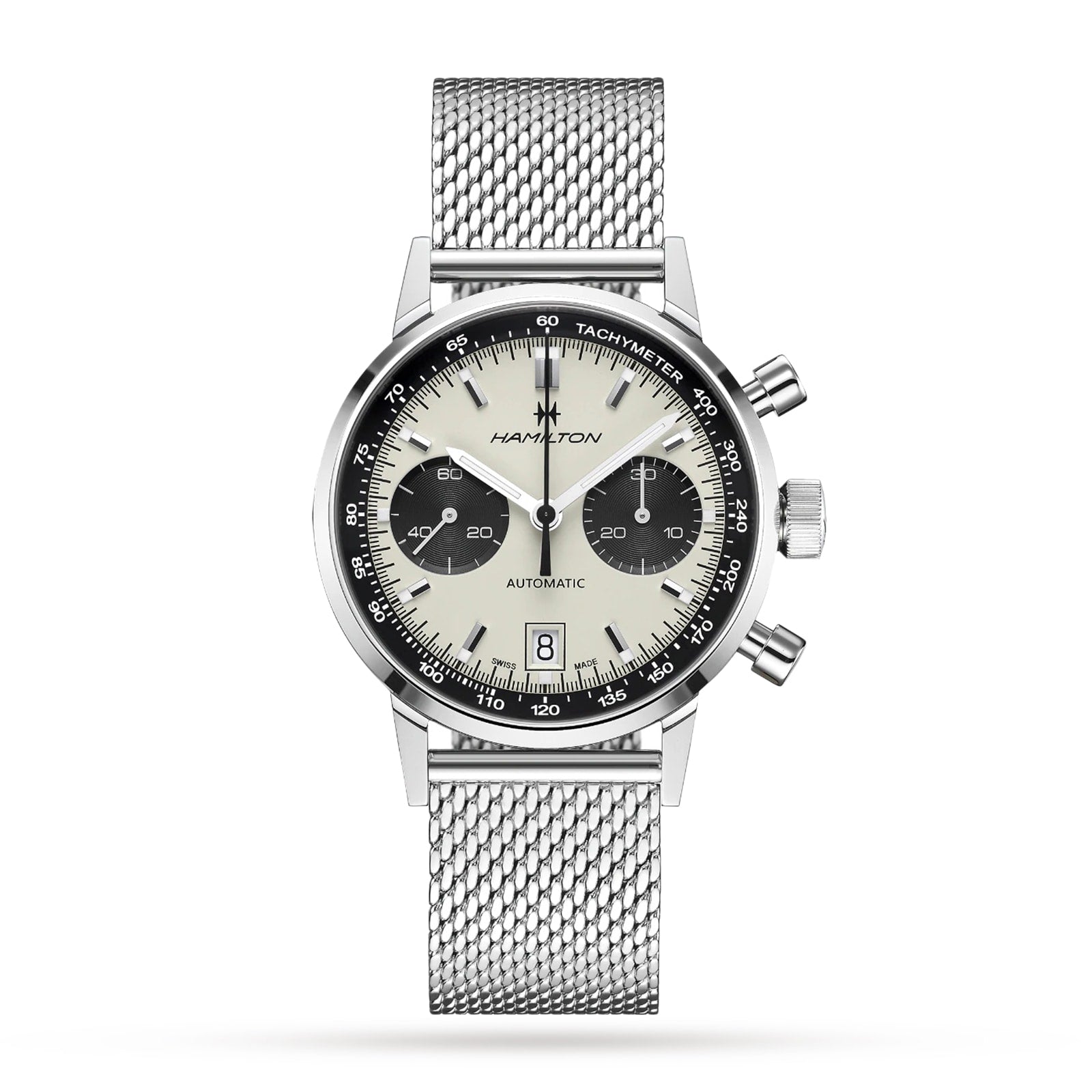 The Hamilton American Classic Intra-Matic Auto Chrono features a silver stainless steel mesh bracelet, cream and black panda dial, two subdials, a date window at 6 o’clock, and a tachymeter scale.