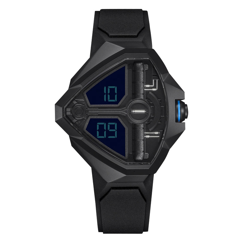 The Hamilton Ventura Edge Dune Limited Edition is a futuristic black digital wristwatch with a triangular face and dual blue LED screens displaying “10:09,” inspired by the exclusive Dune Part Two watch.