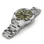 The Hamilton Khaki Field Auto 42mm features a stainless steel case, olive green dial with white numerals, date at 3 o’clock, metal link bracelet, and runs on the reliable H-10 automatic movement—echoing its military heritage.