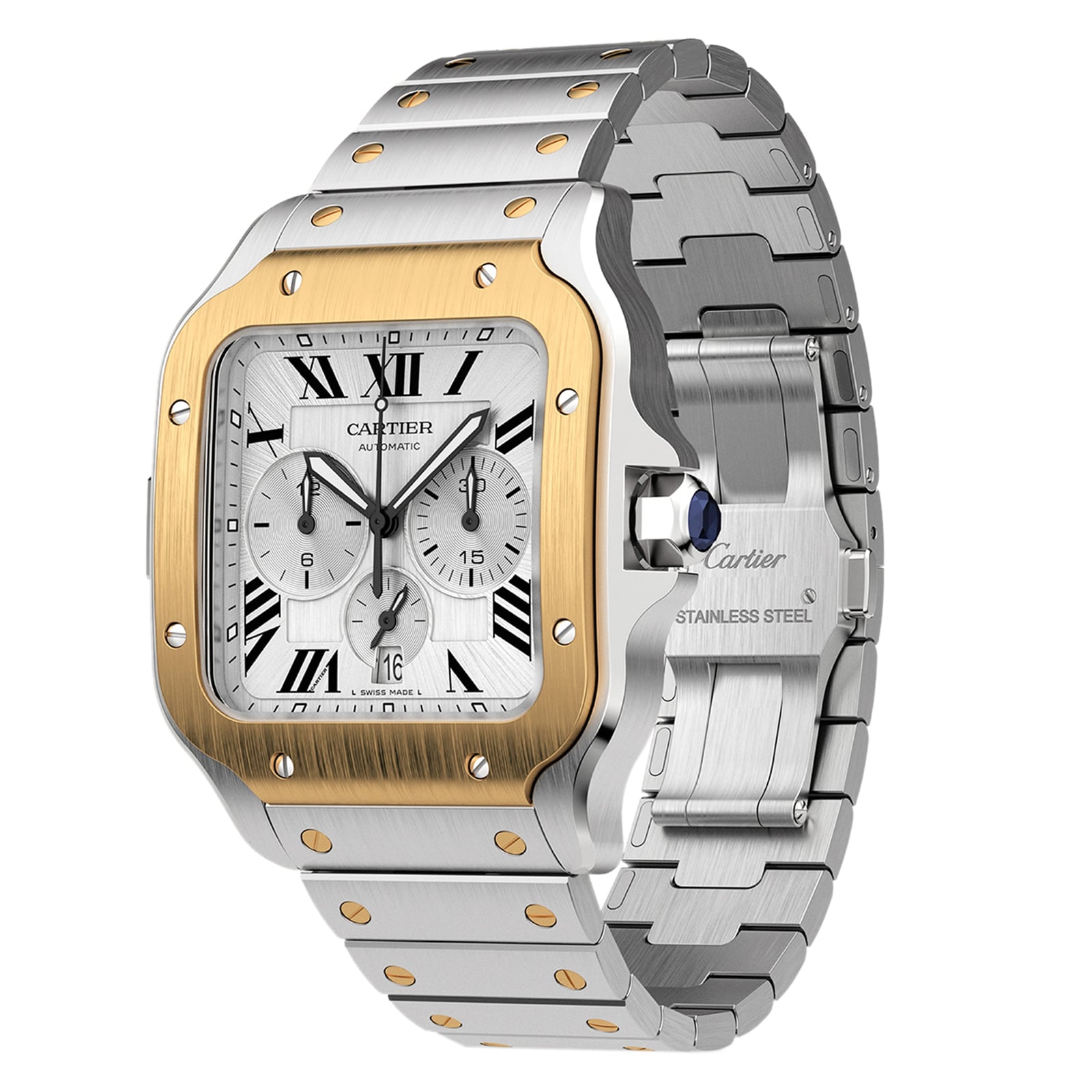 The Santos de Cartier Chronograph by Cartier features a square face, Roman numerals, chronograph dials, and a stainless steel and gold metal link bracelet.