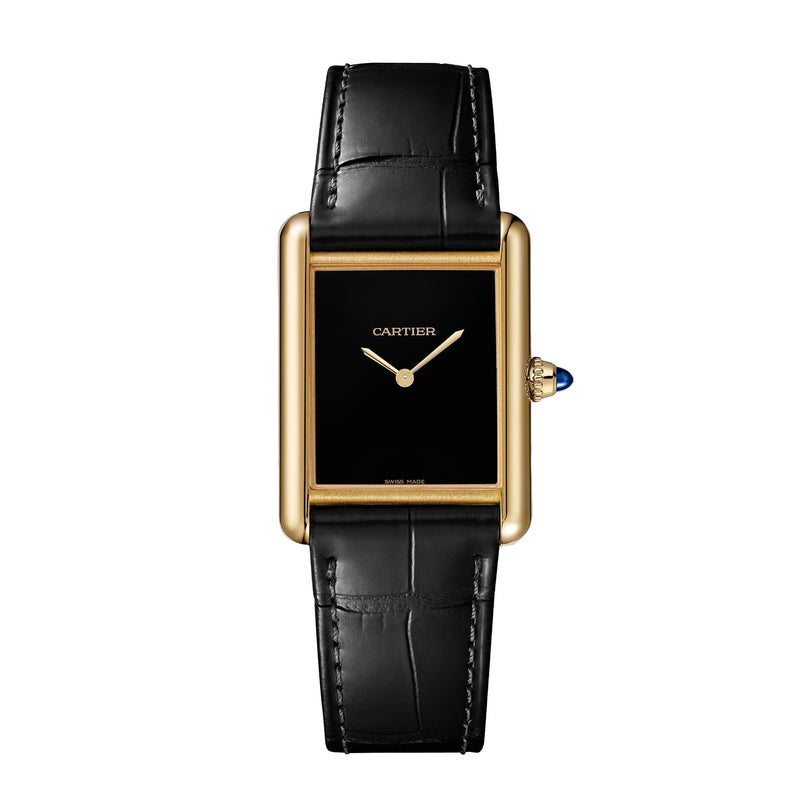 The Cartier Tank Louis Cartier features a gold case, black rectangular dial, and black leather strap.