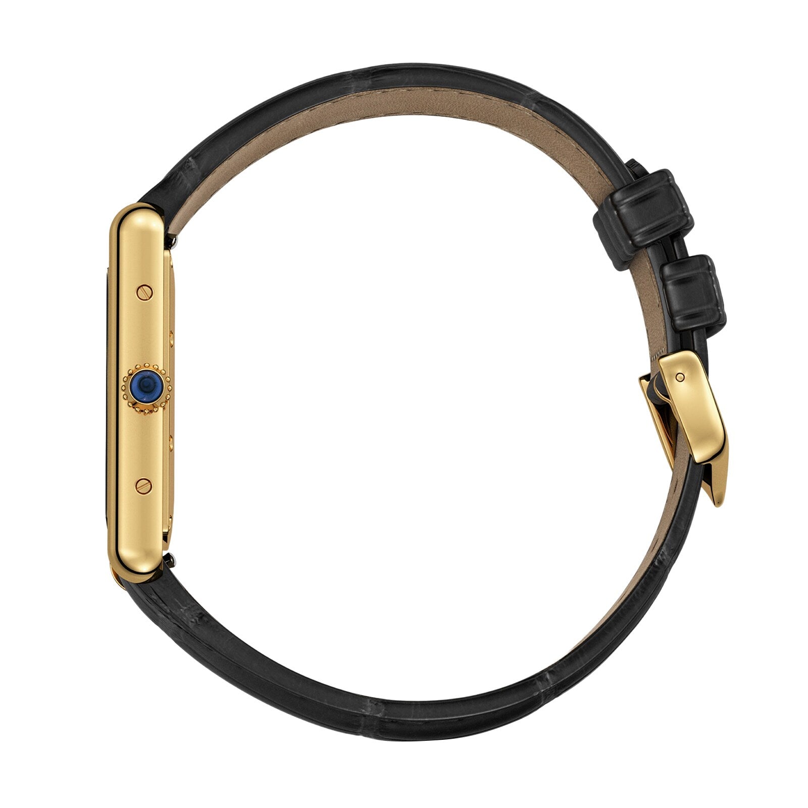 Side view of the Tank Louis Cartier by Cartier, featuring a gold case, black leather strap, and a blue gem set in the crown.