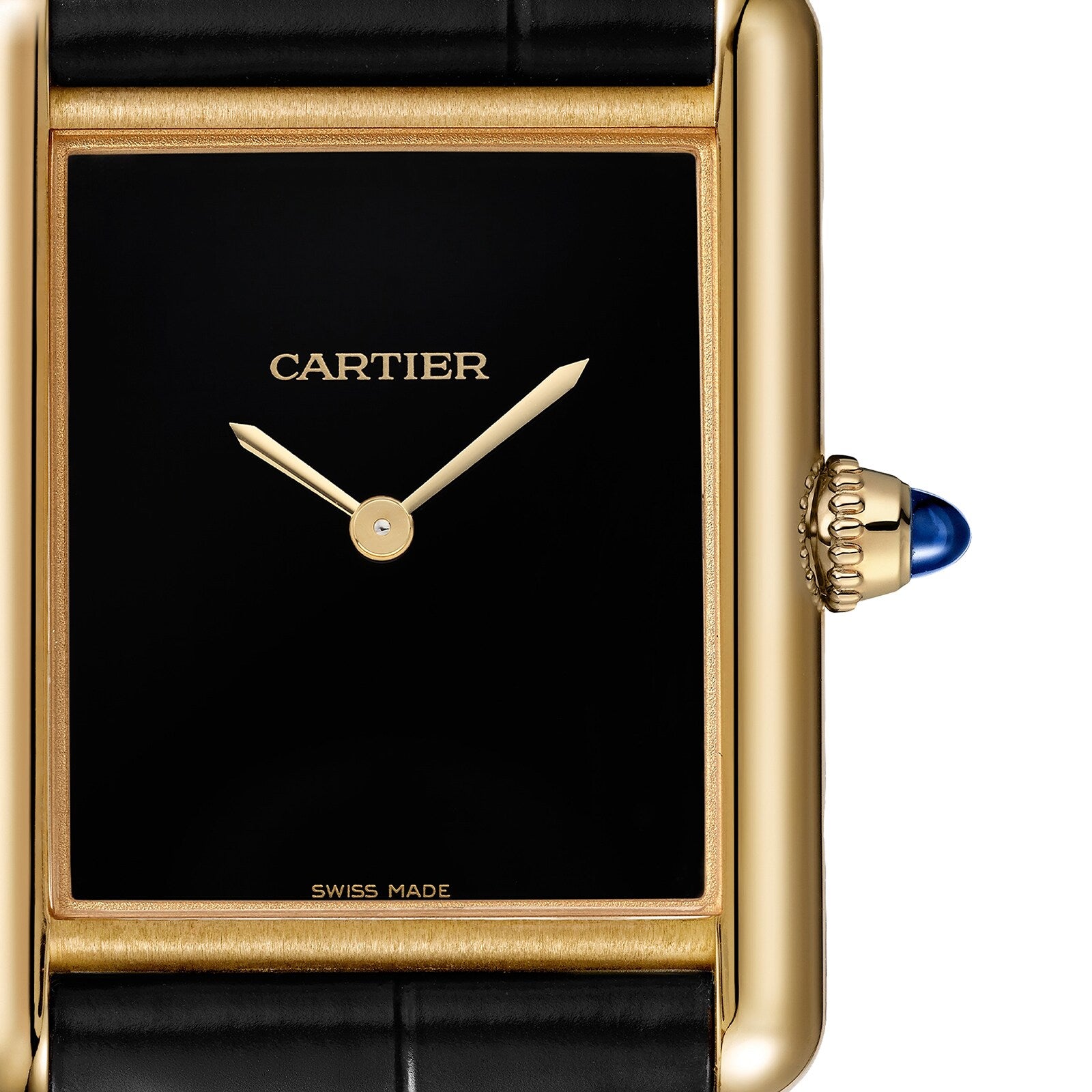 Cartier Tank Louis Cartier gold watch featuring a black square face, gold hands, and a blue gemstone set in the crown.