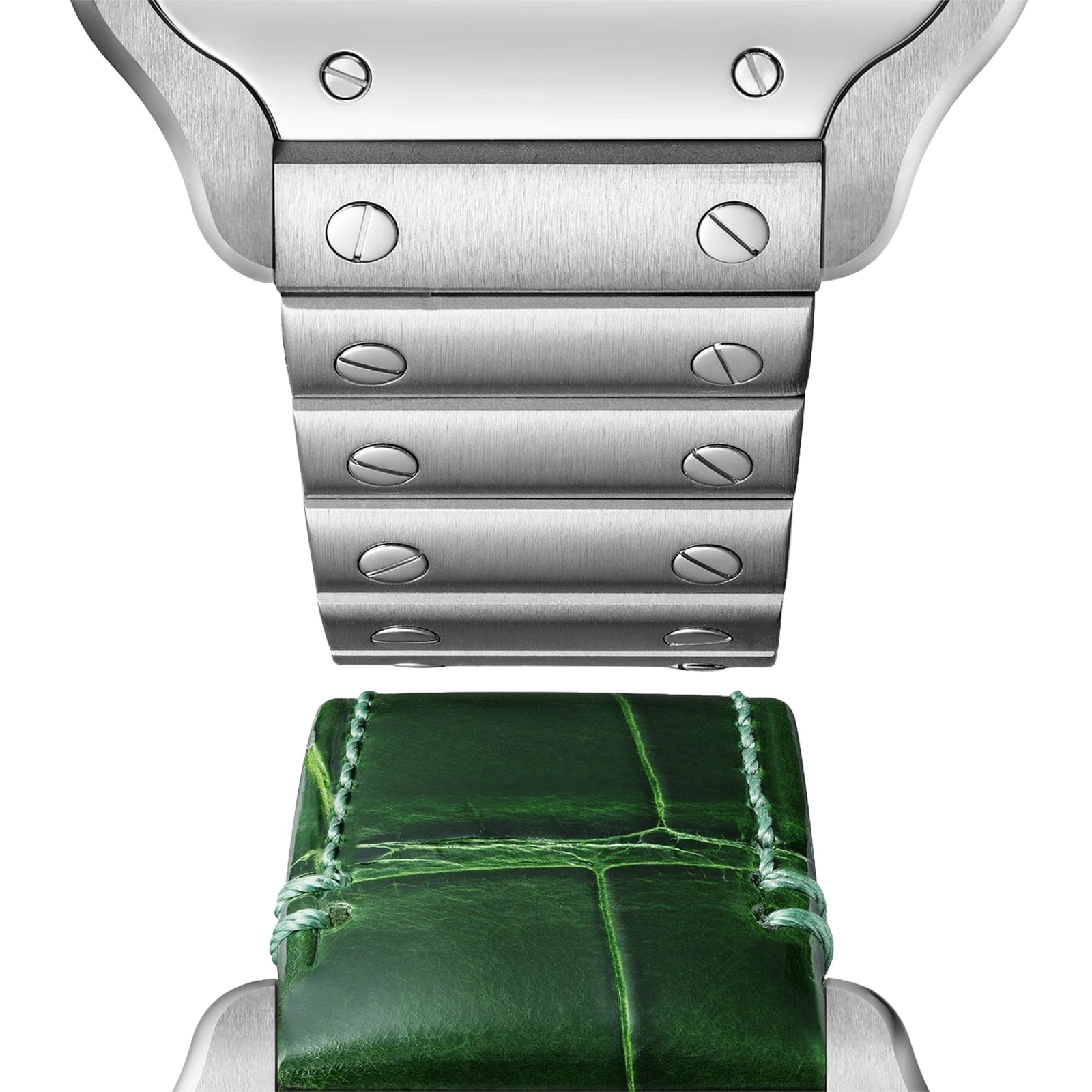 Close-up of a Cartier Santos de Cartier silver metal watch bracelet and a green leather strap, vertically aligned on a white background.