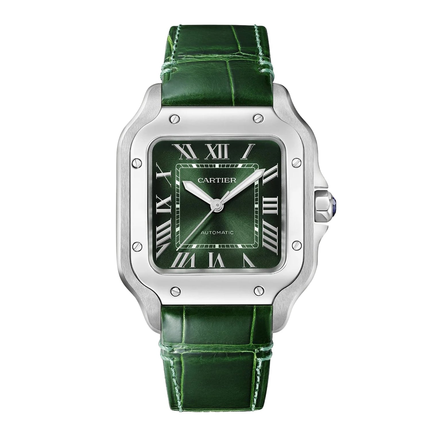The Santos de Cartier by Cartier features a square stainless steel case, green Roman numeral dial, green leather strap, and a self-winding mechanical movement.