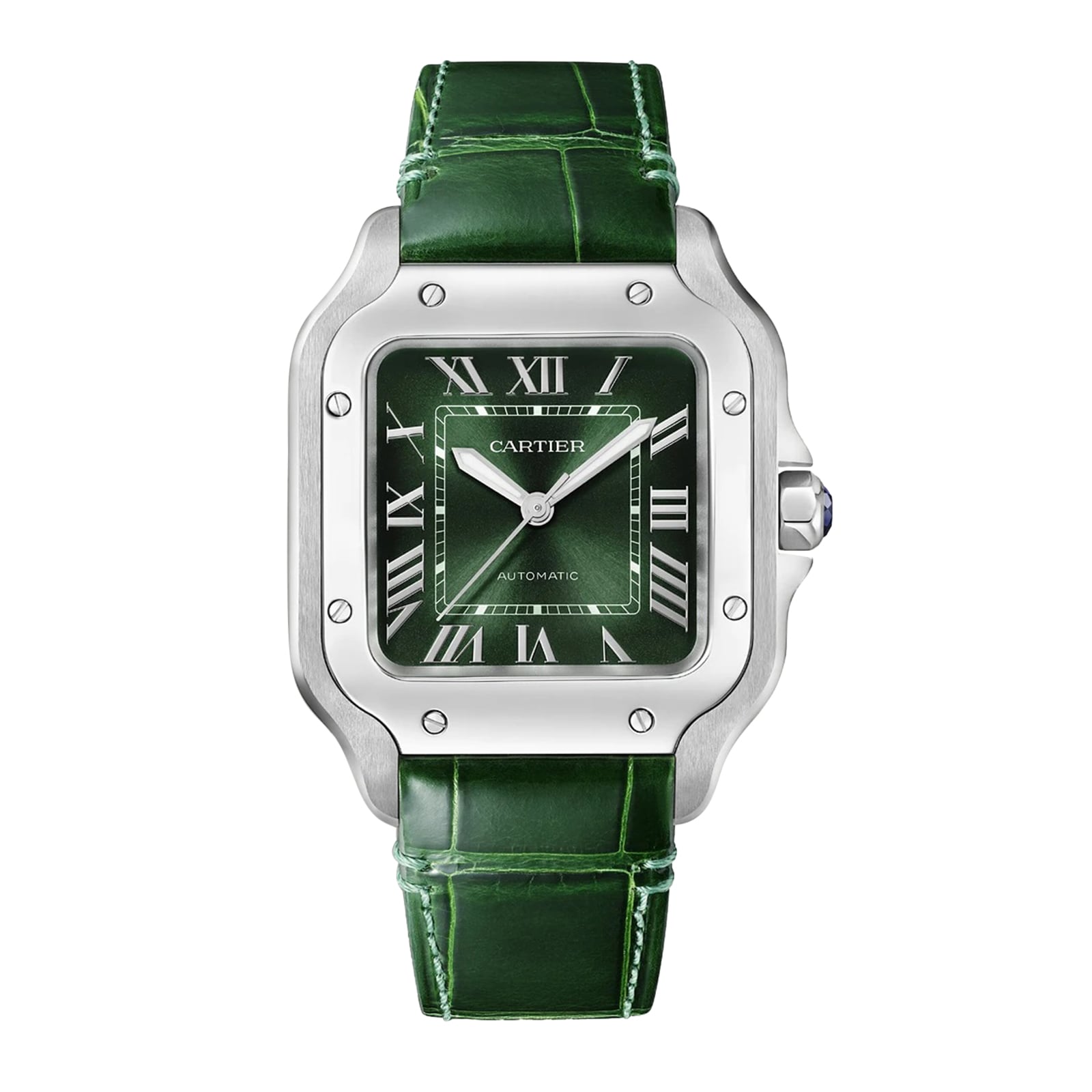 The Santos de Cartier by Cartier features a square stainless steel case, green Roman numeral dial, green leather strap, and a self-winding mechanical movement.