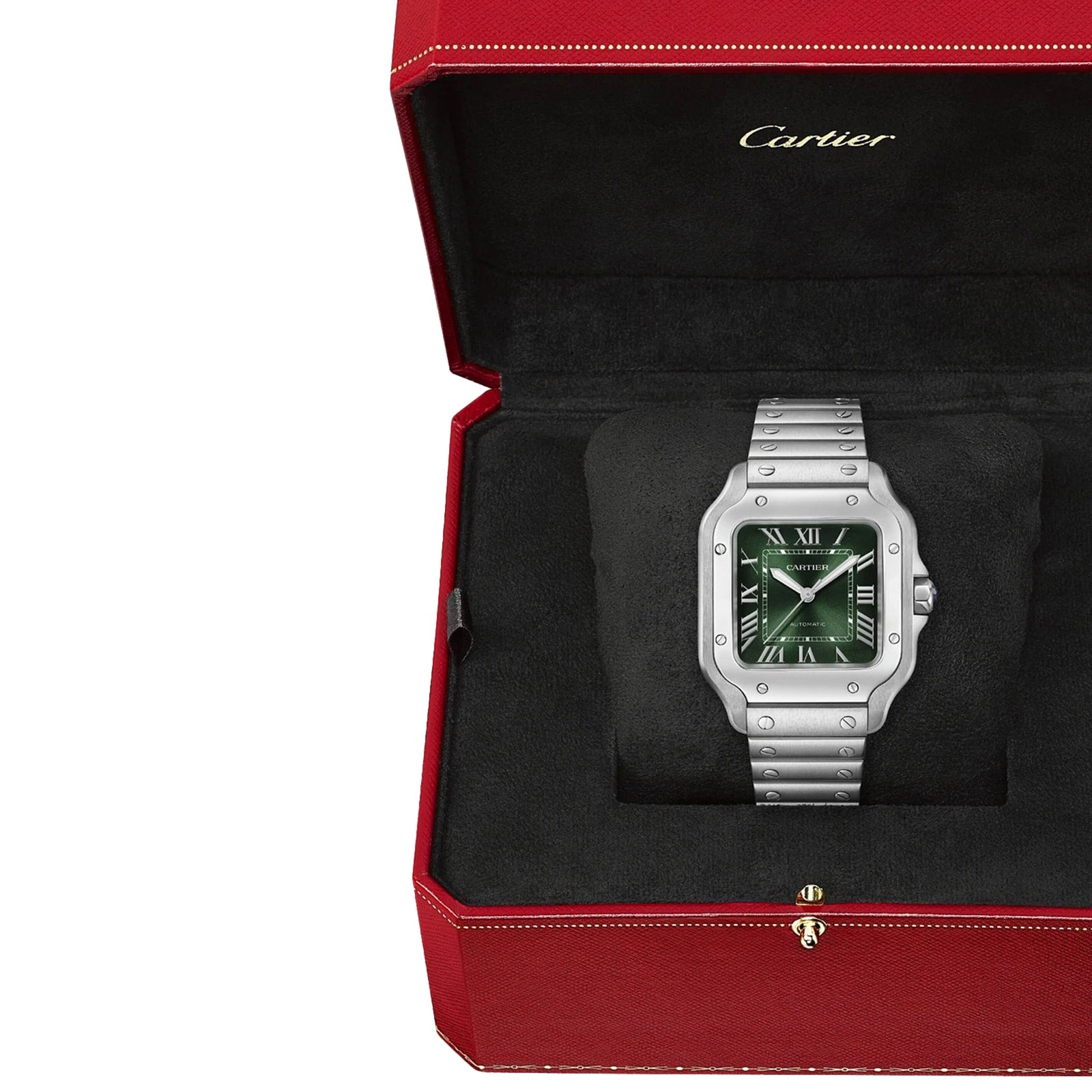 A Cartier Santos de Cartier silver wristwatch with a green dial and self-winding mechanical movement is shown in an open red Cartier box with a black interior.