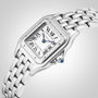 The Panthère de Cartier Small Model is a silver Cartier wristwatch with a white face, Roman numerals, and a linked metal band.