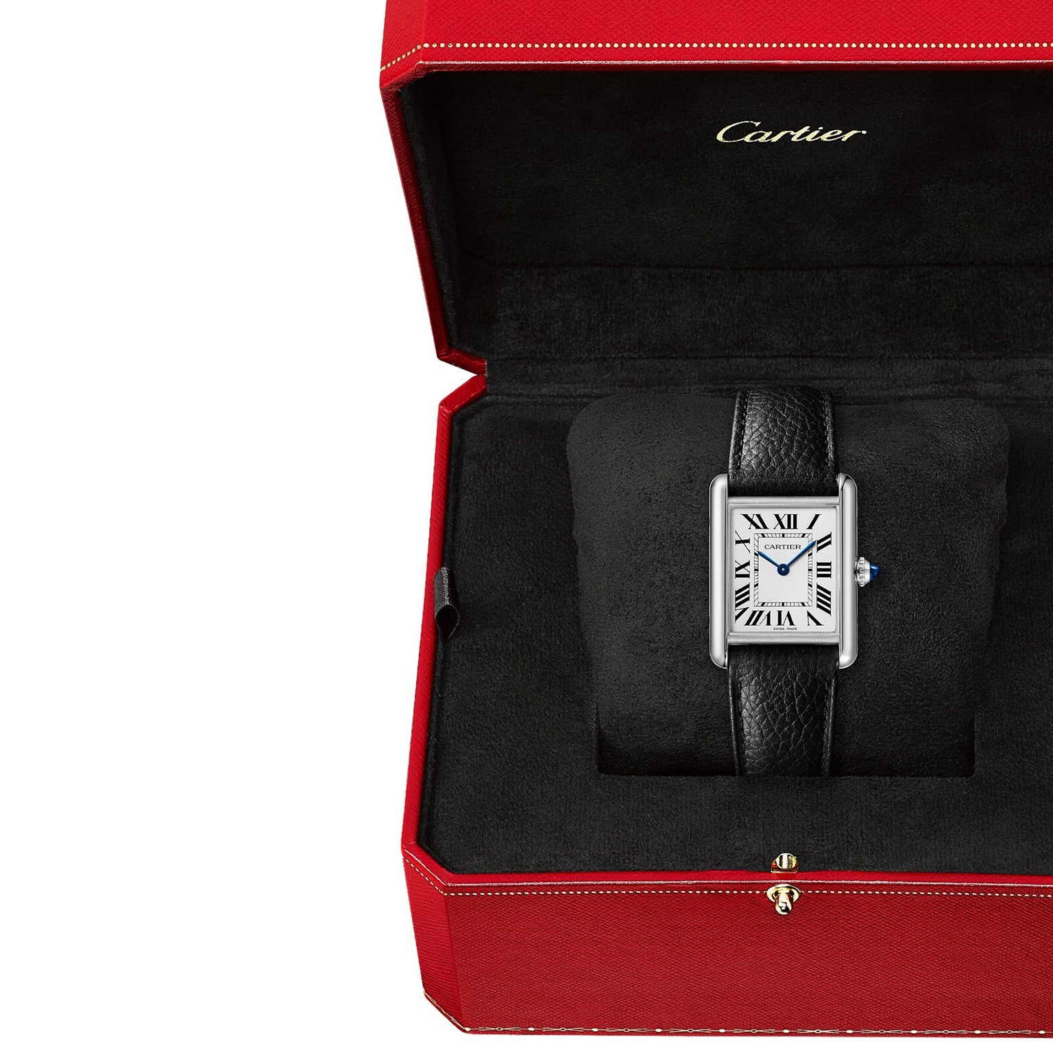 The Cartier Tank Must Solarbeat™ features a rectangular face, SolarBeat Photovoltaic Movement, and black leather strap, presented elegantly in a signature red Cartier box.