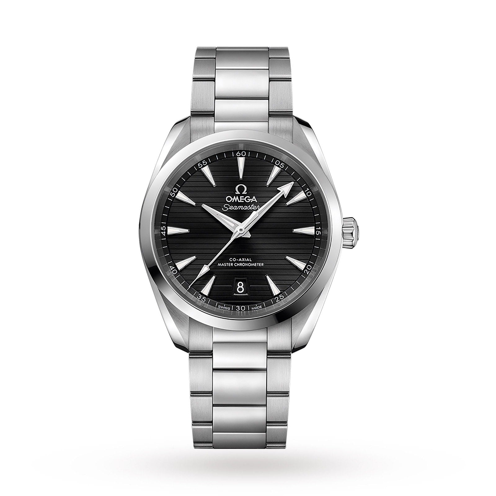 OMEGA Seamaster Aqua Terra 150M wristwatch featuring a black striped dial and metal bracelet, displayed on a white background.