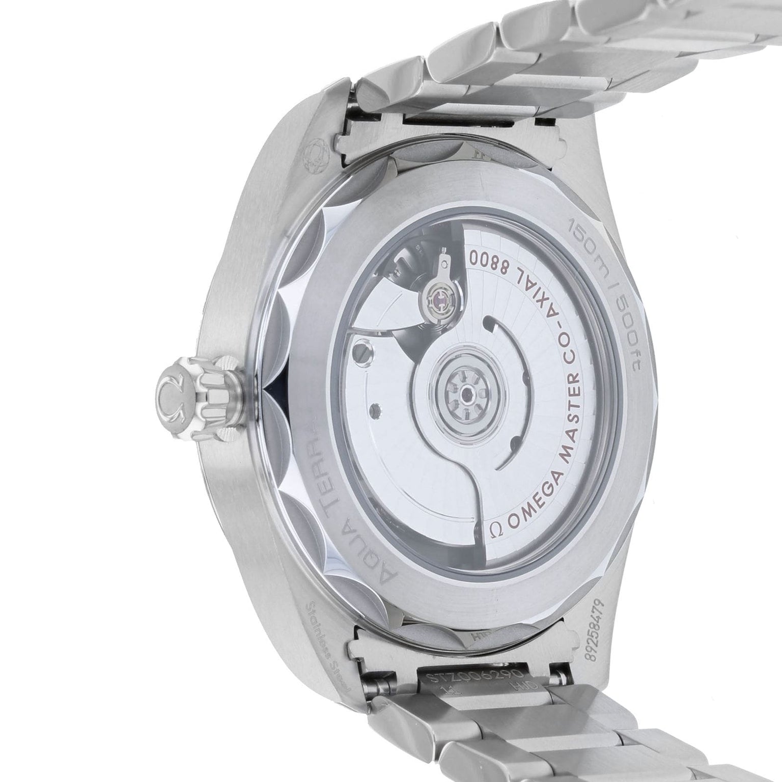 Close-up of the back of the OMEGA Seamaster Aqua Terra 150M, showcasing its exposed mechanical movement and metal bracelet.