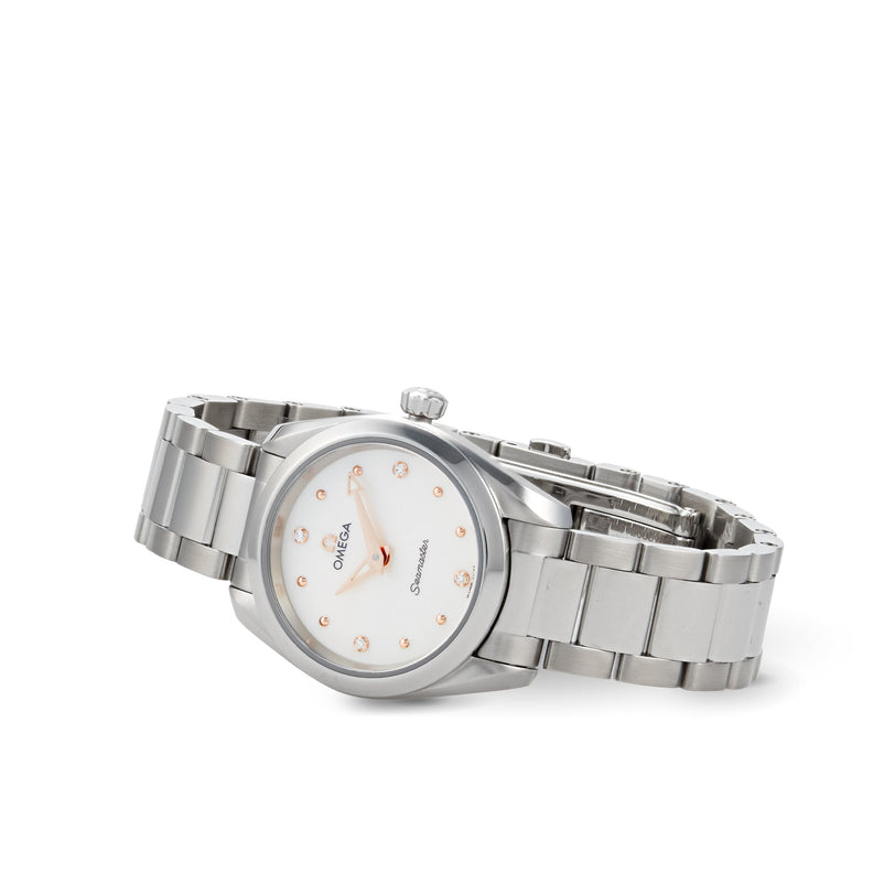 An OMEGA Seamaster Aqua Terra 150M wristwatch featuring a stainless steel case, white dial with diamond hour markers, and metal link bracelet, angled on a white background to highlight its maritime heritage.