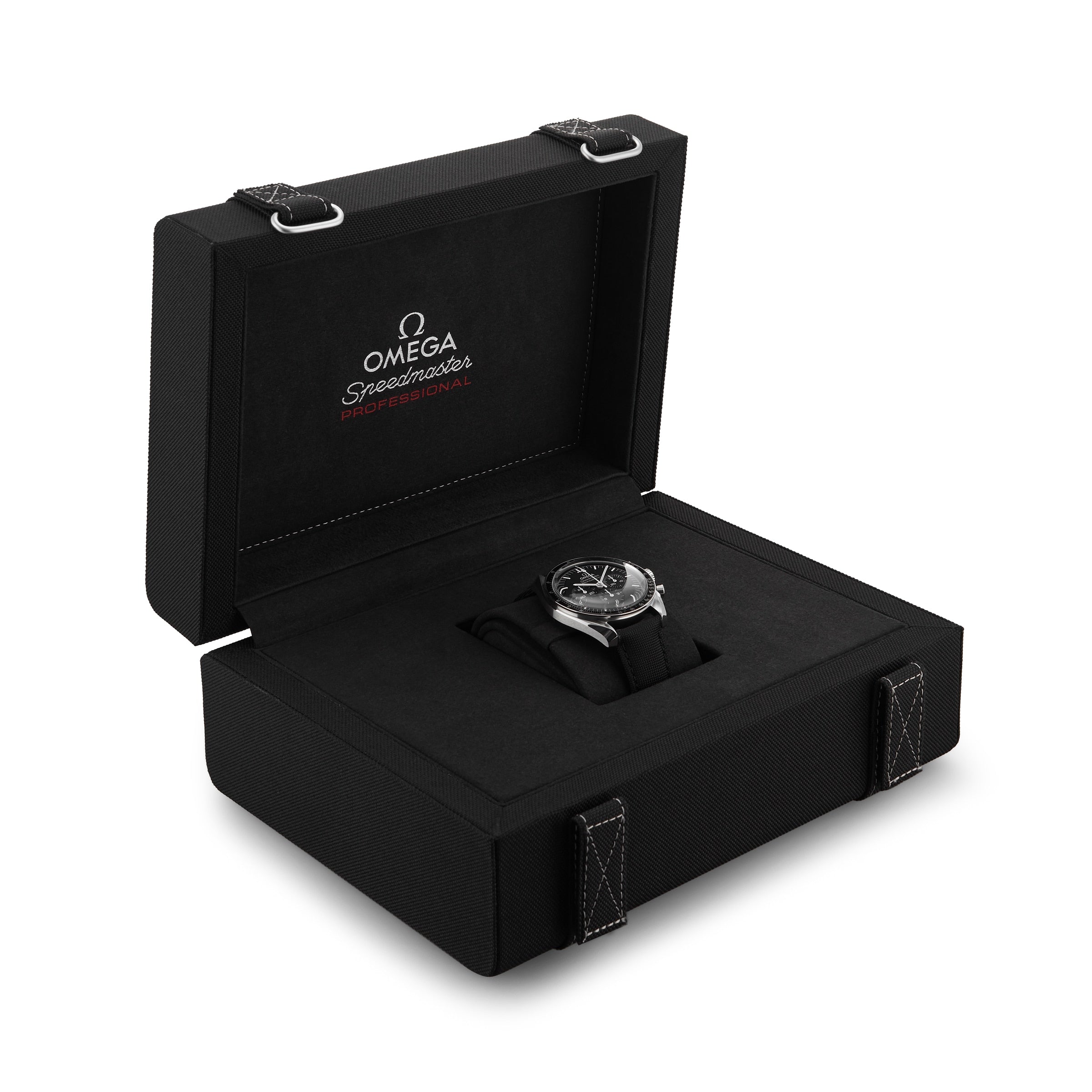 An OMEGA Speedmaster Moonwatch Professional with the 3861 calibre movement is shown in an open black presentation box displaying the OMEGA logo and model name inside the lid.