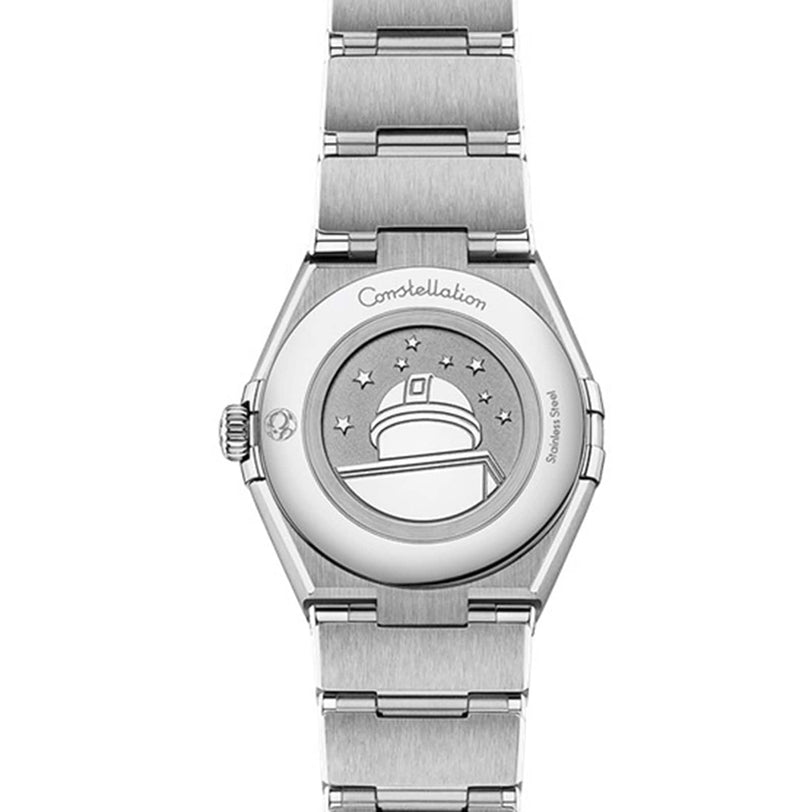 The back of the OMEGA Constellation in stainless steel features an engraved observatory dome with stars and the word Constellation above it.