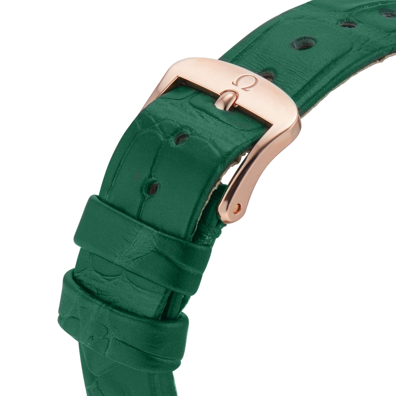 Close-up of a green textured leather Constellation strap by OMEGA, featuring a rose gold buckle with the OMEGA logo—an elegant match for Constellation timepieces and their Master Chronometer-certified precision.