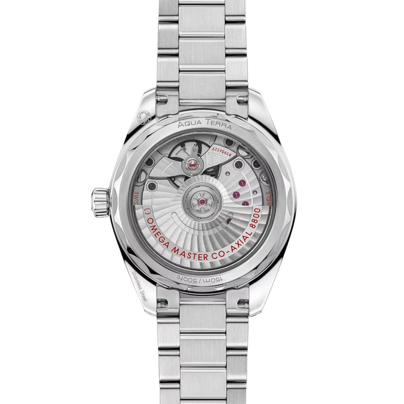 Back view of the OMEGA Seamaster Aqua Terra 150M showcasing its exposed automatic movement, labeled OMEGA Master Chronometers, within a stainless steel case and bracelet.