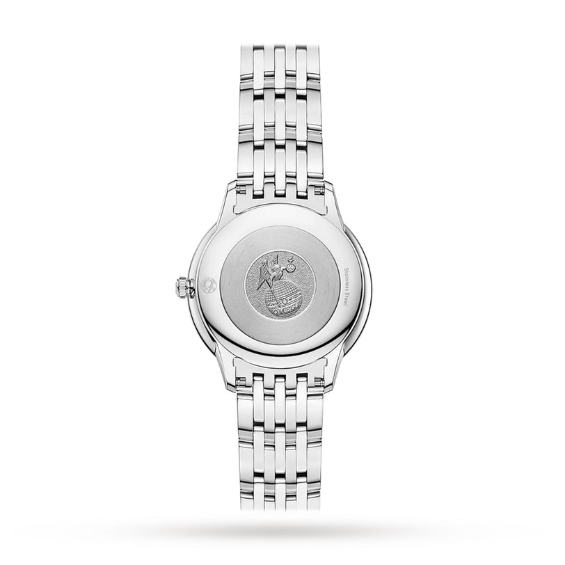 Back view of the OMEGA De Ville Prestige showing a silver stainless steel case, metal link bracelet, and an engraved emblem on the case back.