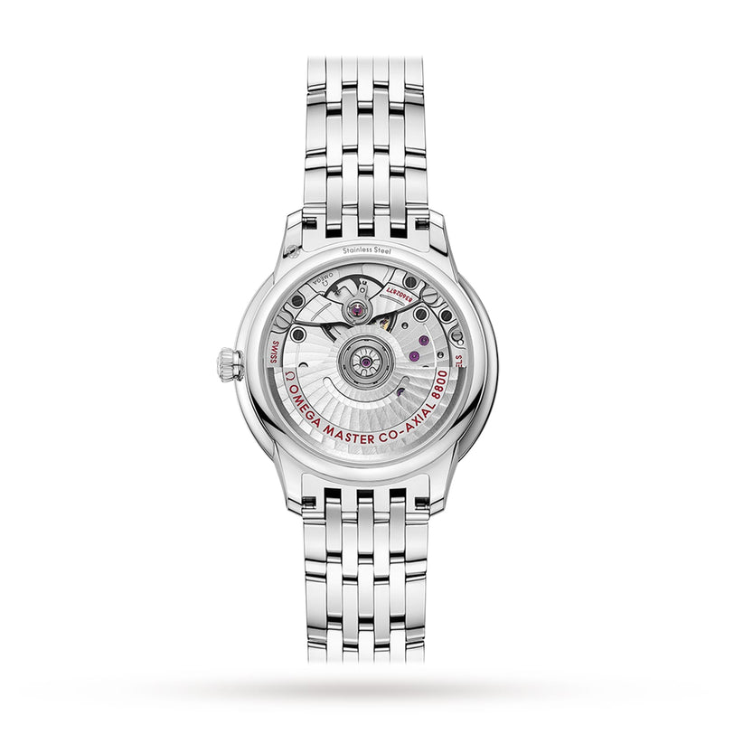 Back view of the OMEGA De Ville Prestige, showing its exposed mechanical movement and engraved details through a transparent case back on this Master Chronometer certified watch.
