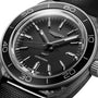 Close-up of the Longines Ultra-Chron Carbon watch, featuring a black dial, silver hands and markers, minute indicators, high-frequency movement for exceptional precision, and a black fabric strap.
