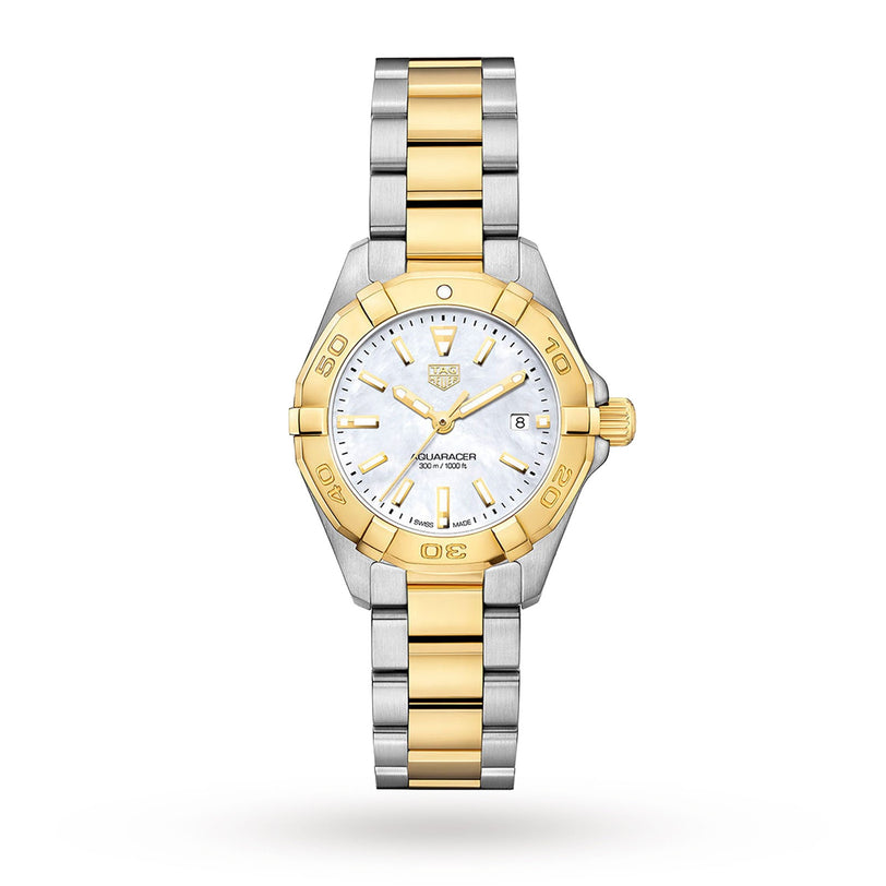 A TAG Heuer Aquaracer Date wristwatch with a two-tone silver/gold design, white face, date display, stainless steel bracelet, and quartz movement is displayed against a plain white background.