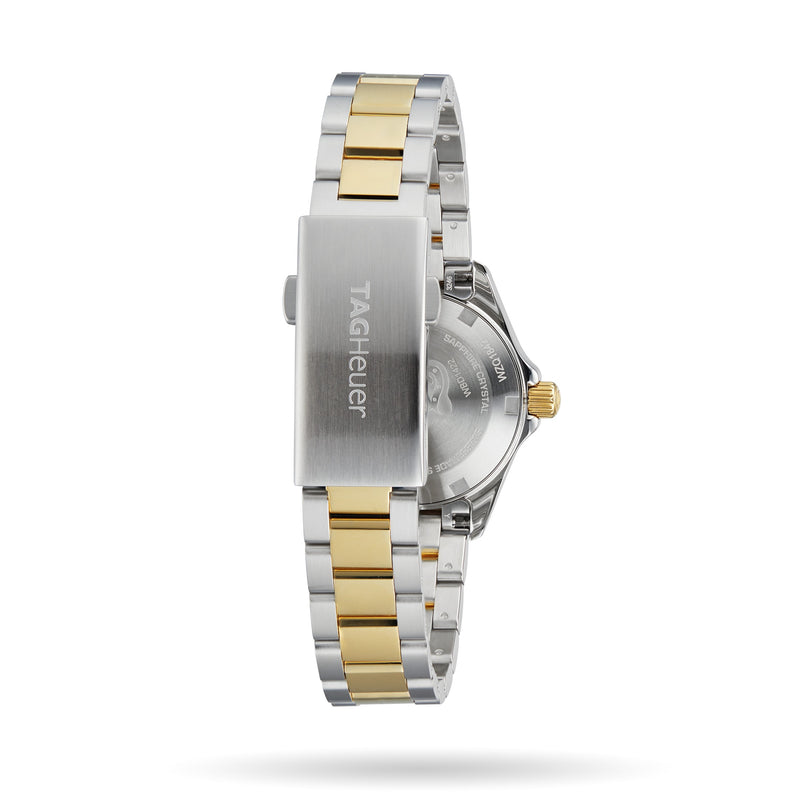 The back view of a TAG Heuer Aquaracer Date watch reveals its two-tone stainless steel and 18K gold bracelet, along with a clasp engraved with the TAG Heuer logo.