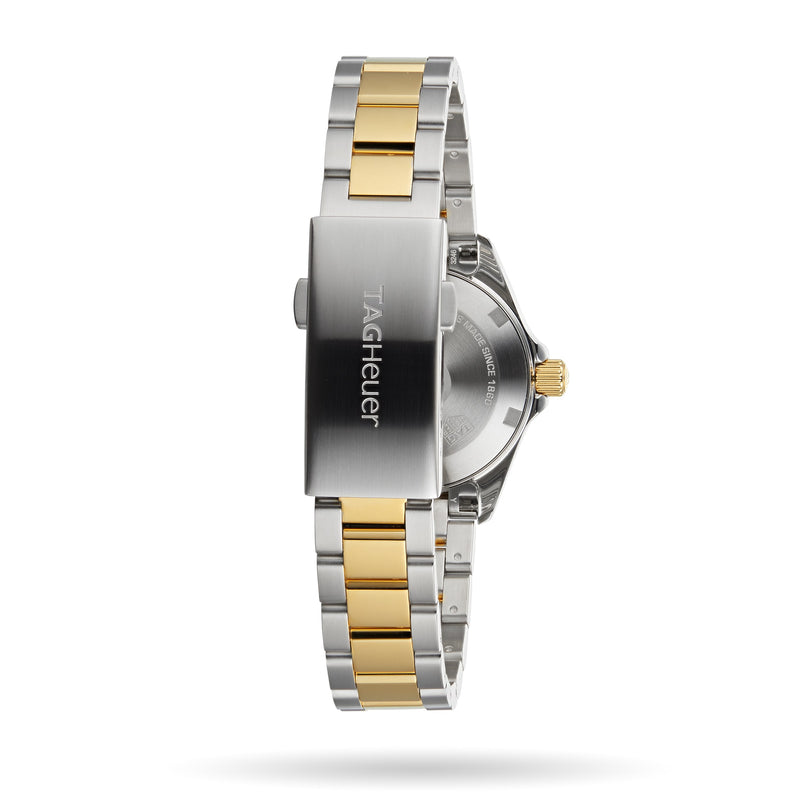 Back view of the TAG Heuer Aquaracer Date featuring a stainless steel and 18K gold bracelet, plus a clasp engraved with the TAG Heuer logo.