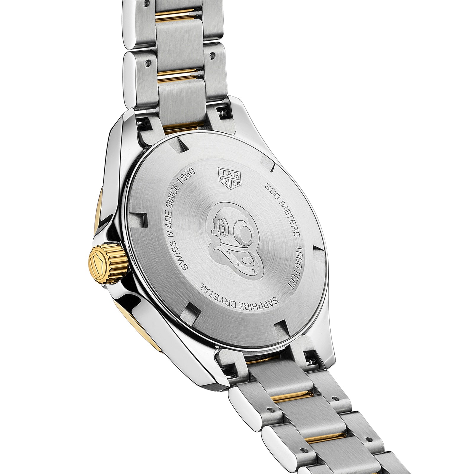 Close-up of the back of a TAG Heuer Aquaracer Date, featuring an engraved caseback with the brands logo and specifications, attached to a metal bracelet.