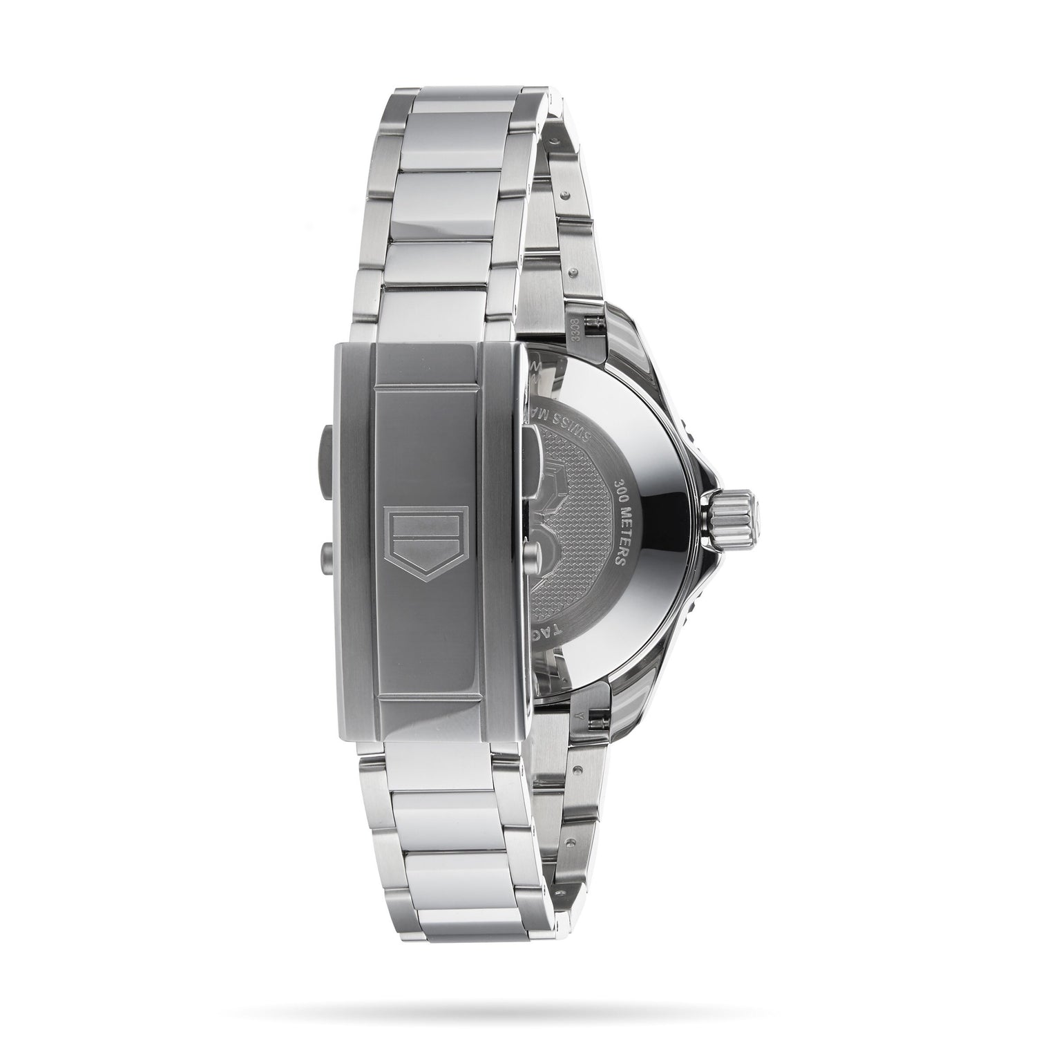 A TAG Heuer Aquaracer Professional 300 Date wristwatch shown from the back, featuring its stainless steel bracelet and clasp, with engraving visible on the dive watchs case back.