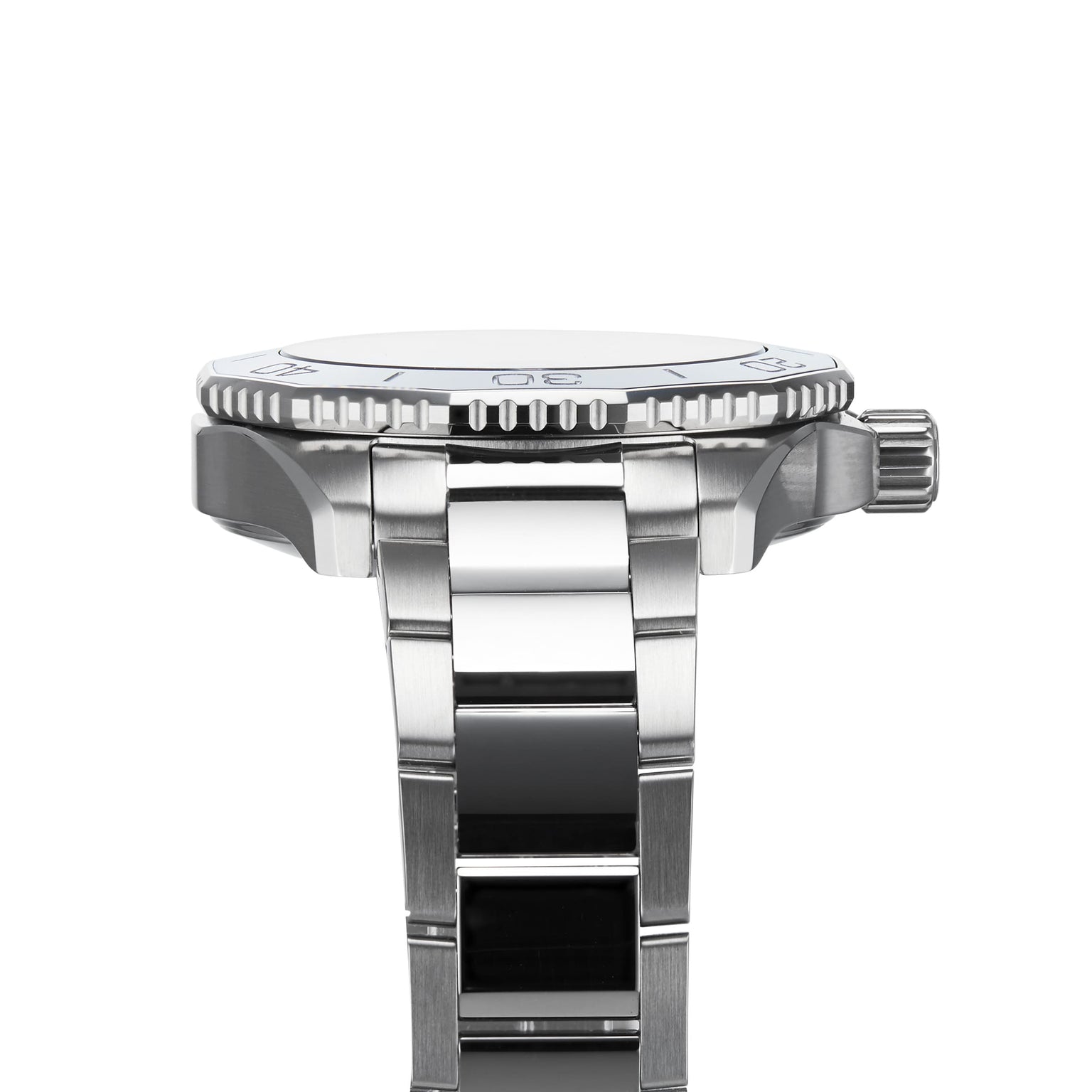 Close-up side view of the TAG Heuer Aquaracer Professional 300 Date with stainless steel case and metal bracelet, focusing on the bezel, crown, and polished links.