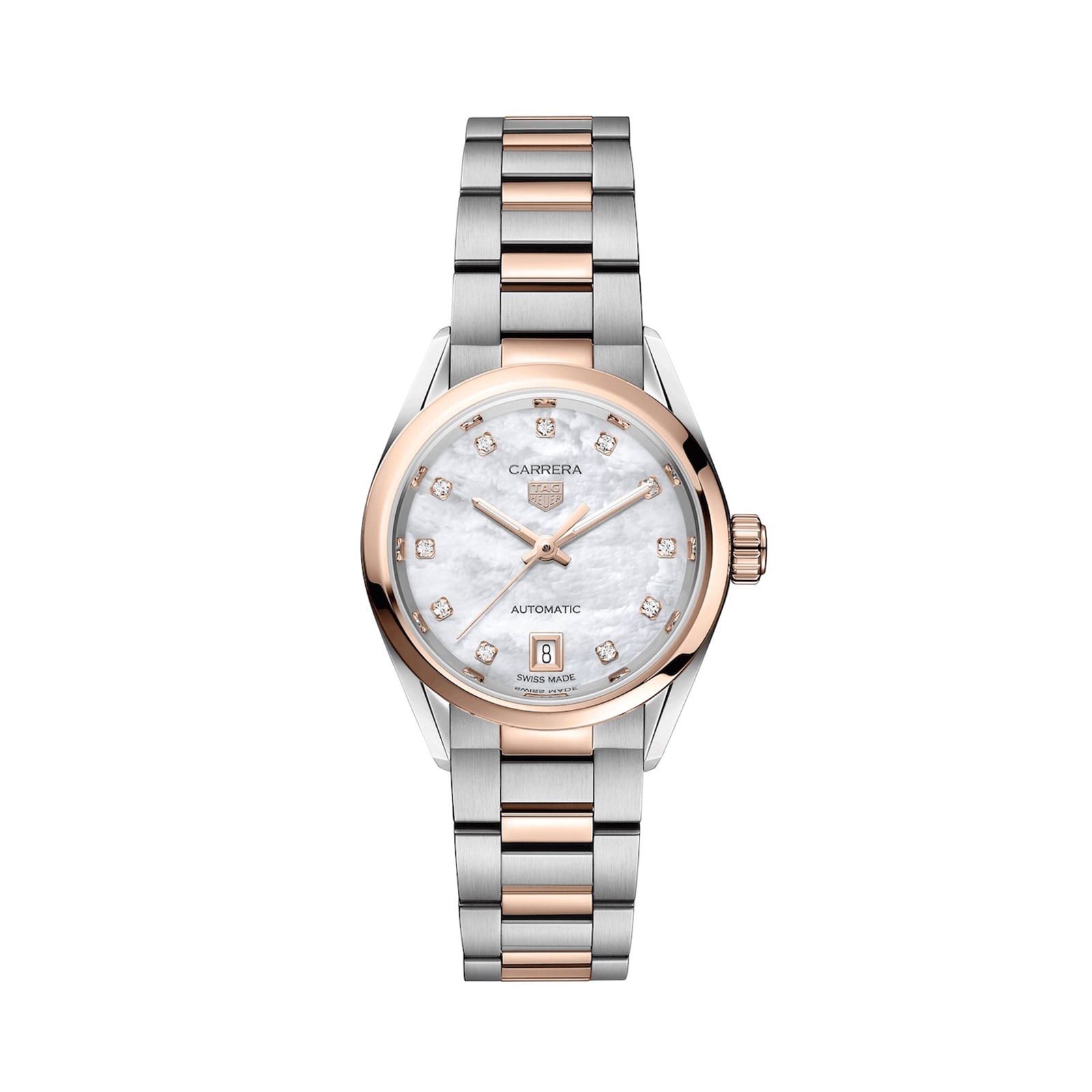 The TAG Heuer Carrera Date features a silver and rose gold case, round face, diamond hour markers, mother-of-pearl dial, date at 6 o’clock, and a precise automatic movement.