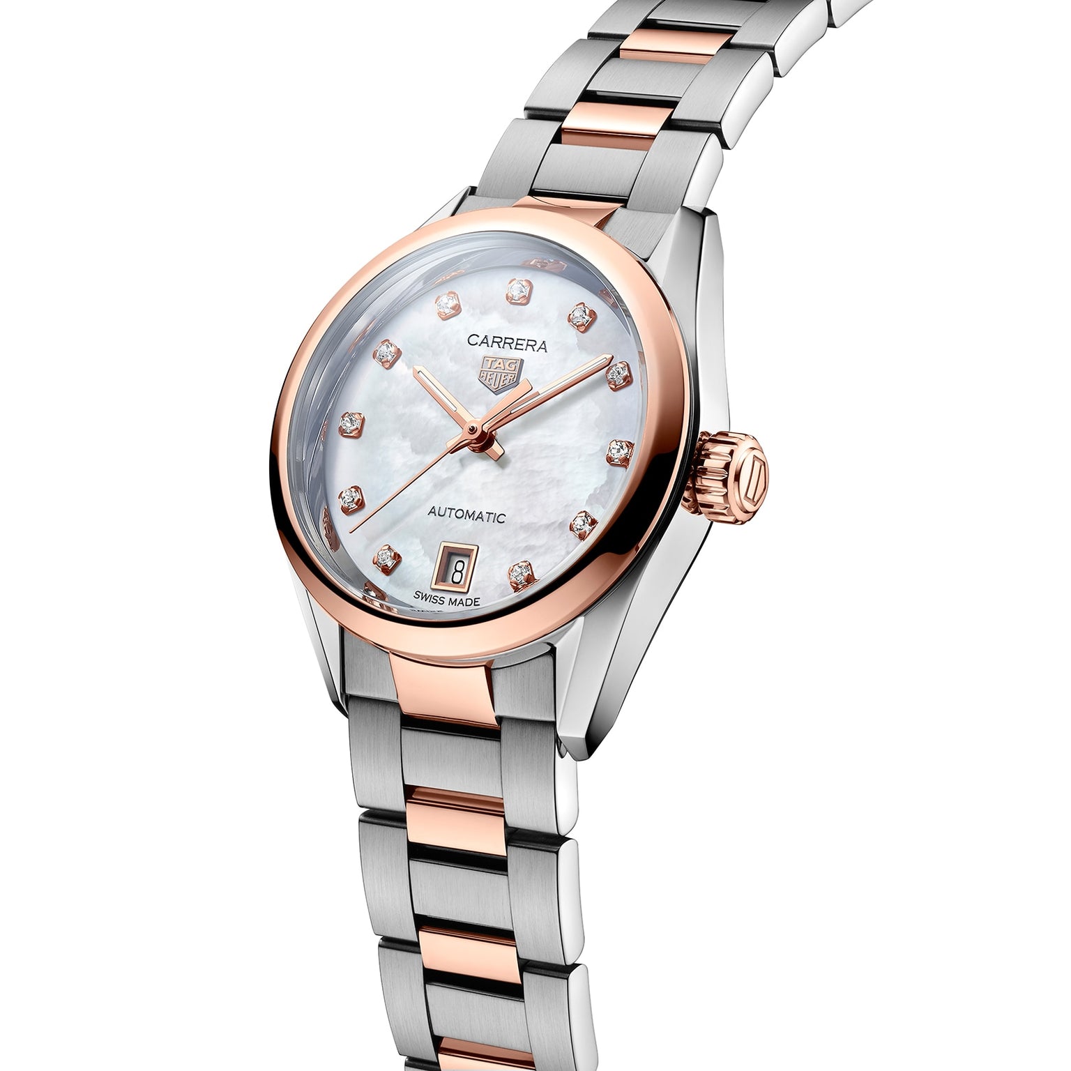 The TAG Heuer Carrera Date is a luxury wristwatch featuring a silver and rose gold metal band, white dial, diamond hour markers, automatic movement, and a date display at six o’clock.