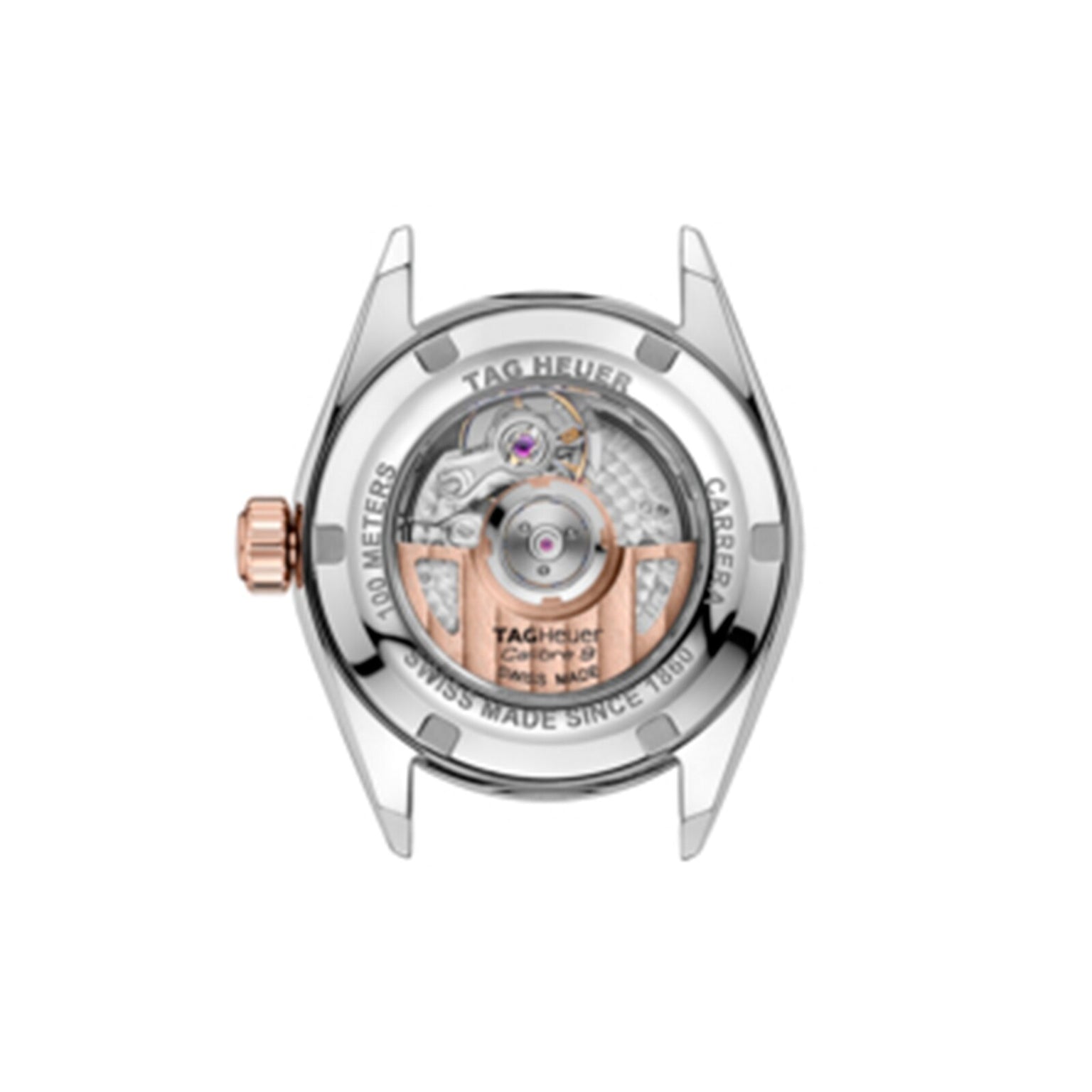 Back view of the TAG Heuer Carrera Date watch case displaying its automatic movement, engraved details, visible gears, and a rose gold rotor.