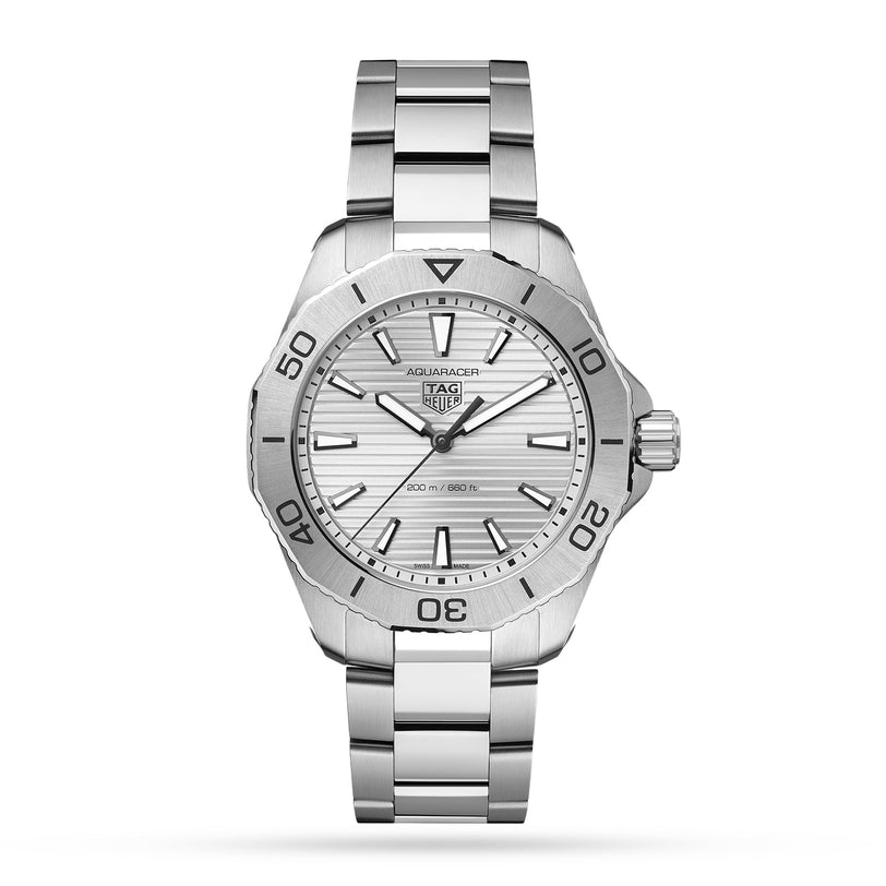 The TAG Heuer Aquaracer Professional 200 features a stainless steel case and band, silver dial, unidirectional bezel, and precise quartz movement, shown against a white background.