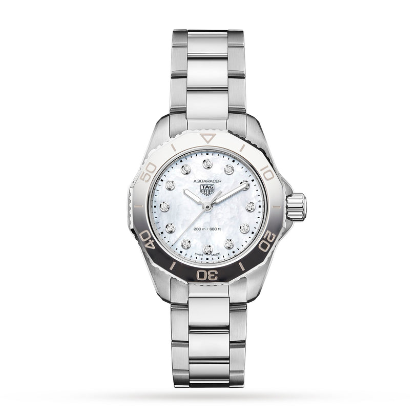 A TAG Heuer Aquaracer Professional 200 sports watch with a stainless steel case, white dial, diamond hour markers, and silver bezel is displayed on a plain white background.
