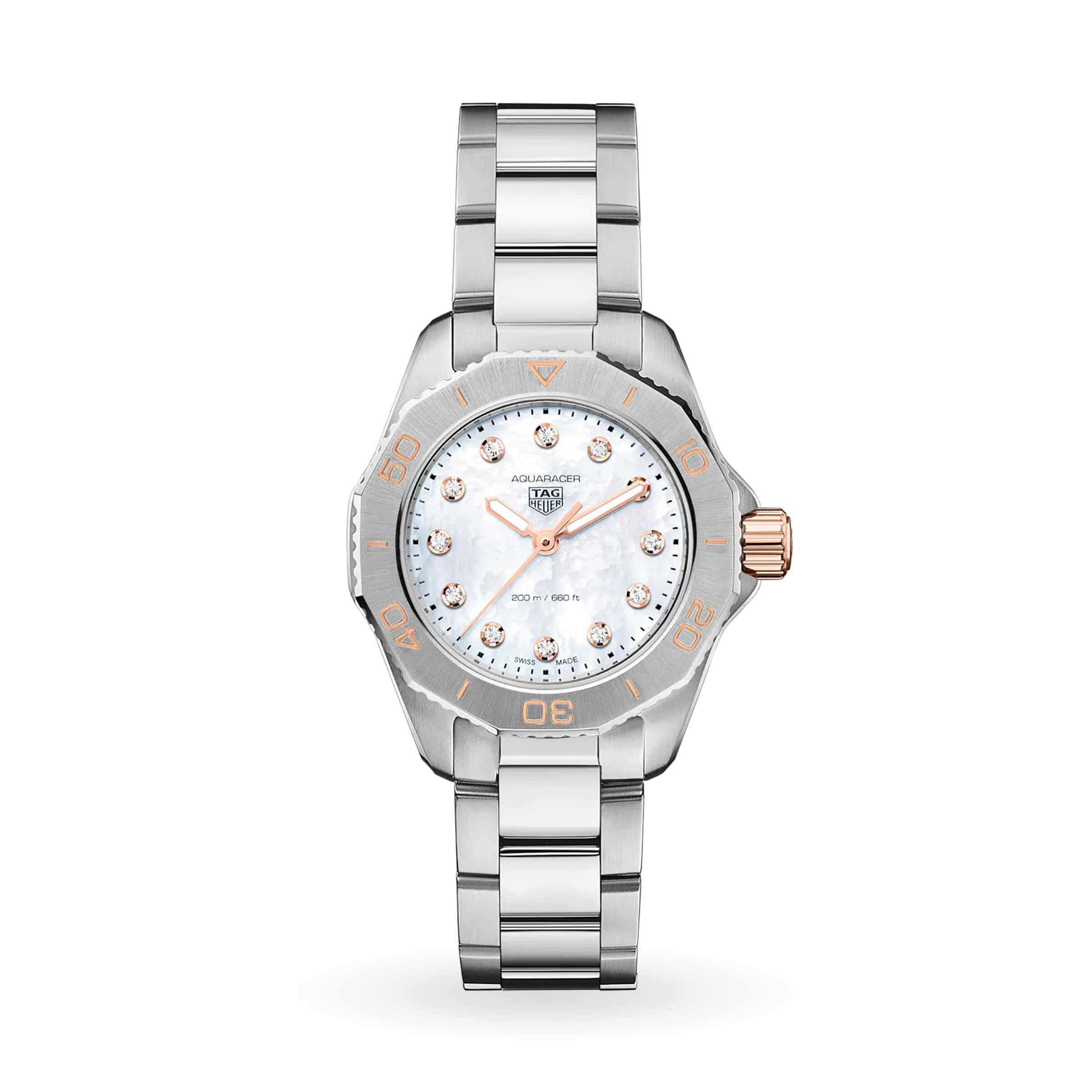 The TAG Heuer Aquaracer Professional 200 wristwatch features a stainless steel case, mother-of-pearl dial, diamond hour markers, and rose gold accents on the bezel and crown, set against a white background.