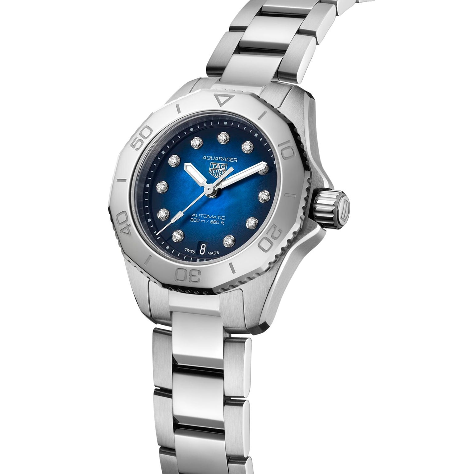 The TAG Heuer Aquaracer Professional 200 Date is a stylish sports watch featuring a stainless steel case, blue dial, diamond hour markers, and a sleek silver metal bracelet.
