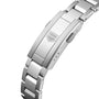 Close-up of the TAG Heuer Aquaracer Professional 200 Dates stainless steel bracelet clasp, featuring a shield-shaped logo and adjustable sizing holes.