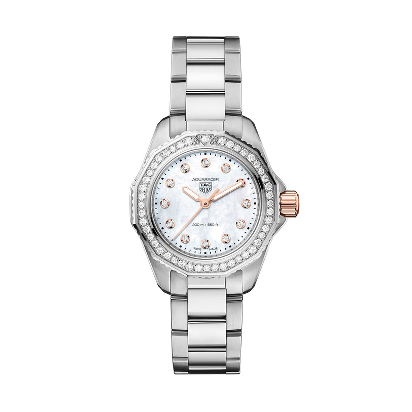 The TAG Heuer Aquaracer Professional 200 wristwatch features a diamond-set bezel, mother-of-pearl dial, diamond hour markers, and elegant rose gold accents on the crown and hands.