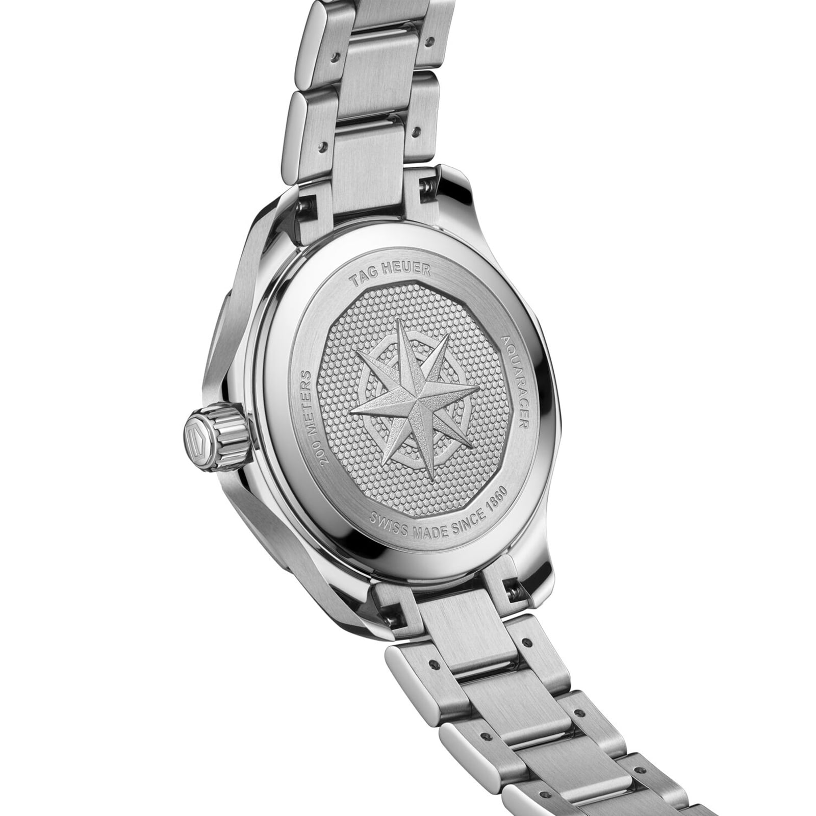 The back of a TAG Heuer Aquaracer 200 Professional Solargraph watch features an engraved compass rose and inscriptions highlighting its water resistance and Swiss origin.