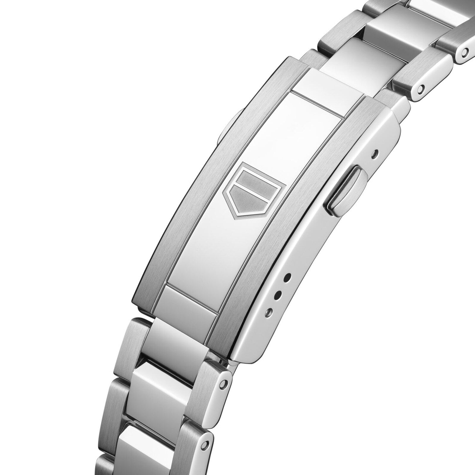Close-up of the TAG Heuer Aquaracer 200 Professional Solargraphs silver metal bracelet clasp, featuring a shield logo, brushed and polished finishes, and adjustable sizing holes—ideal for sports watch fans.
