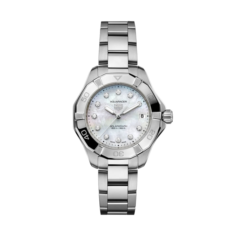 The TAG Heuer Aquaracer 200 Professional Solargraph is a silver stainless steel sports watch with a round face, mother-of-pearl dial, diamond hour markers, date display, and unidirectional bezel.