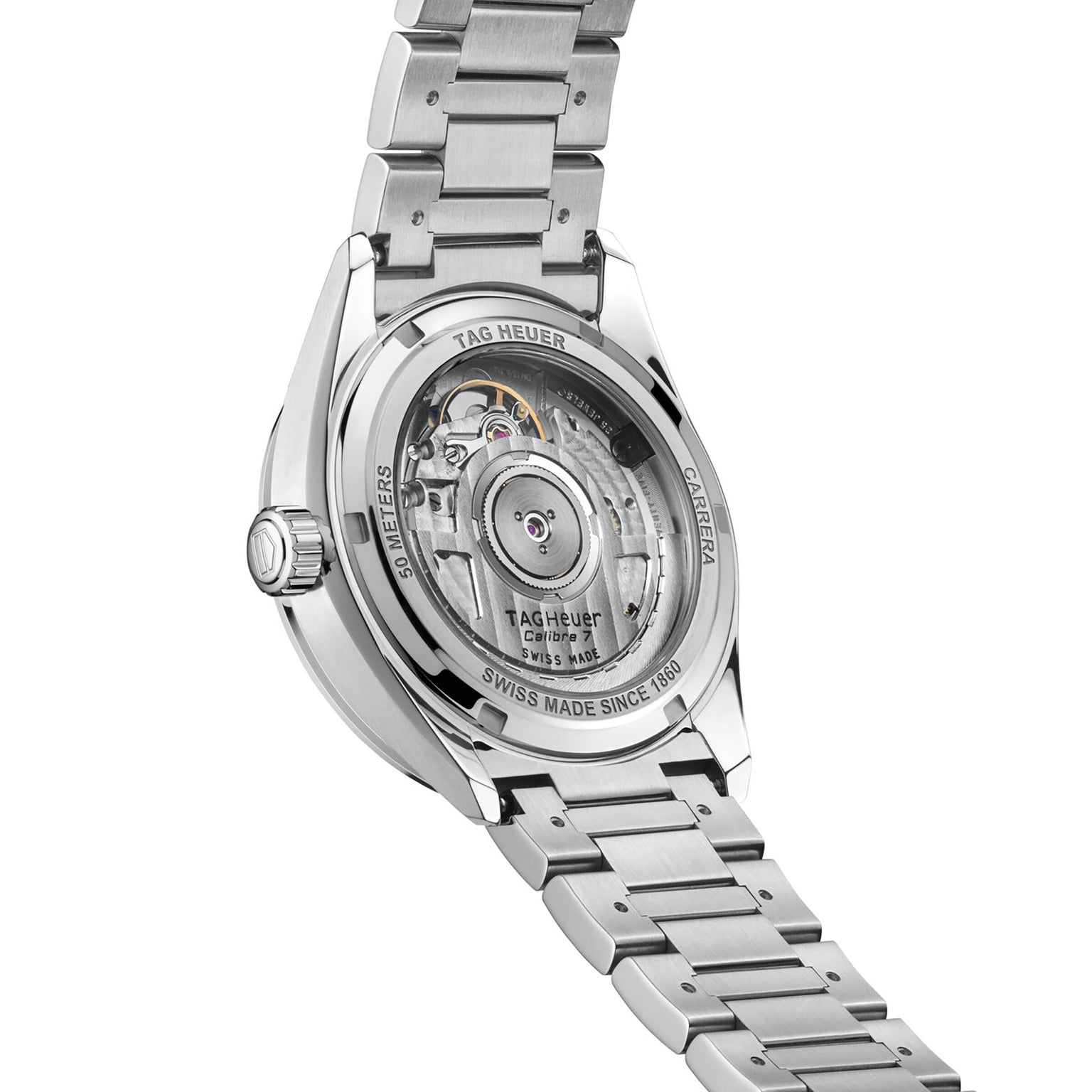 Close-up of the TAG Heuer Carrera Date watch’s back, highlighting its automatic movement visible through a transparent case back and fitted with a metal bracelet.