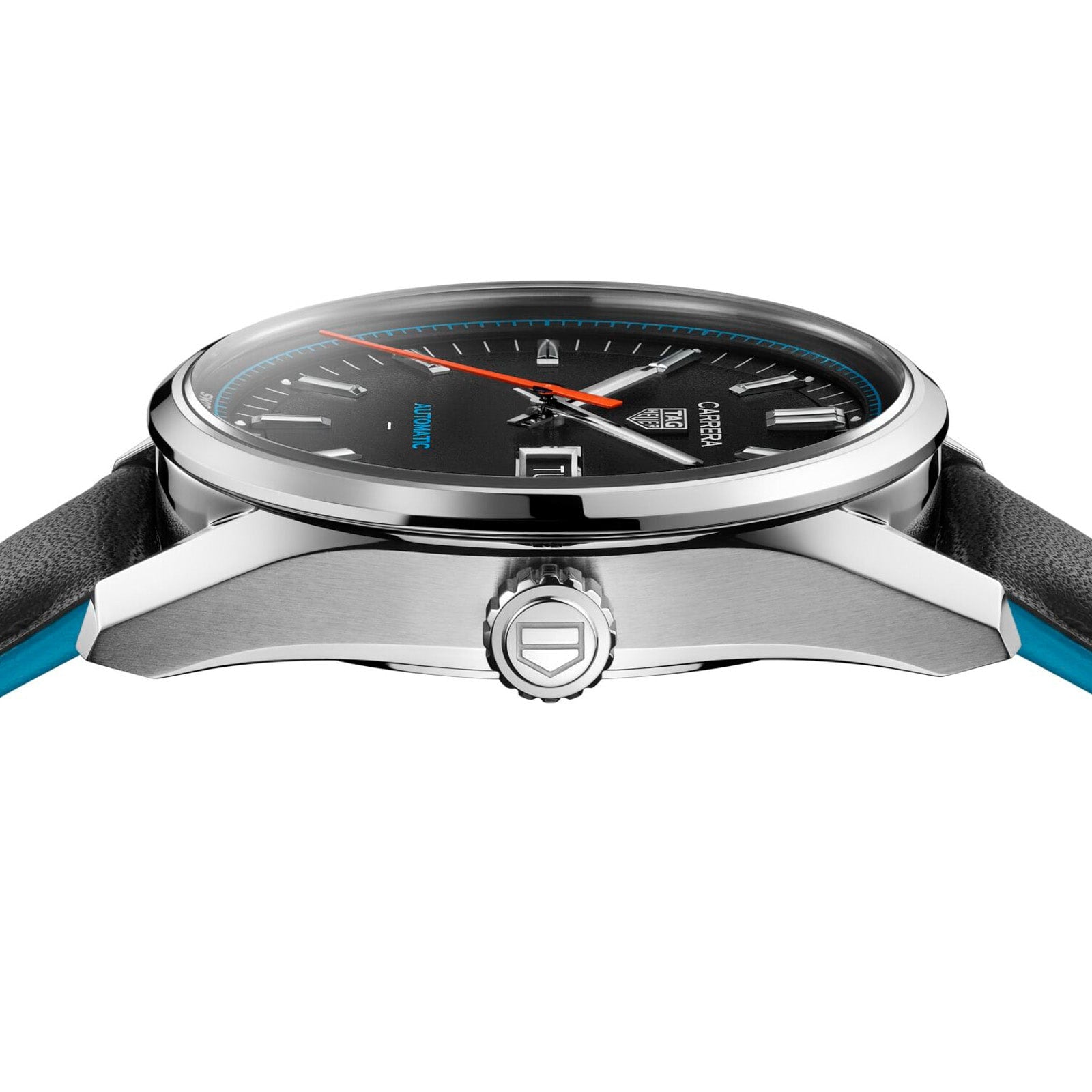 Side view of the TAG Heuer Carrera Day Date wristwatch featuring a black dial, silver case, and black leather strap with blue lining.
