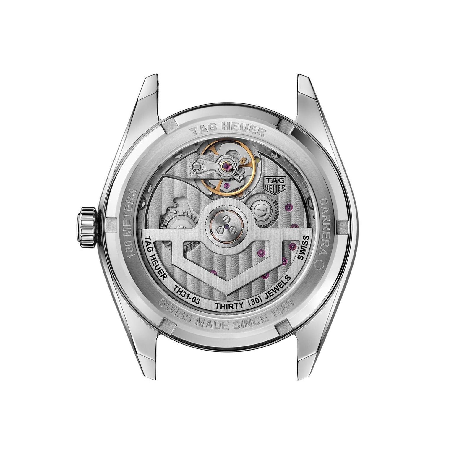 The transparent case back of the TAG Heuer Carrera Date Twin-Time reveals its intricate mechanical movement and engraved details.