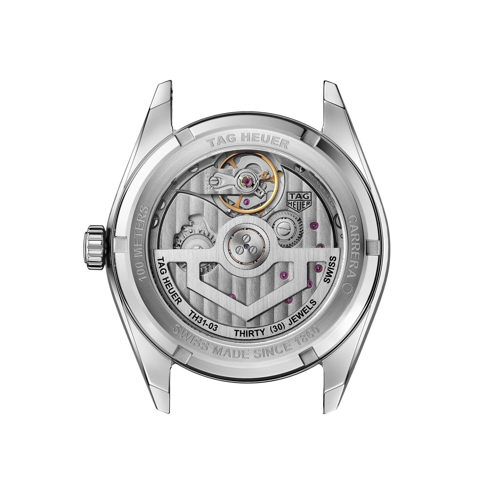 The transparent case back of the TAG Heuer Carrera Date Twin-Time reveals its intricate mechanical movement and engraved details.