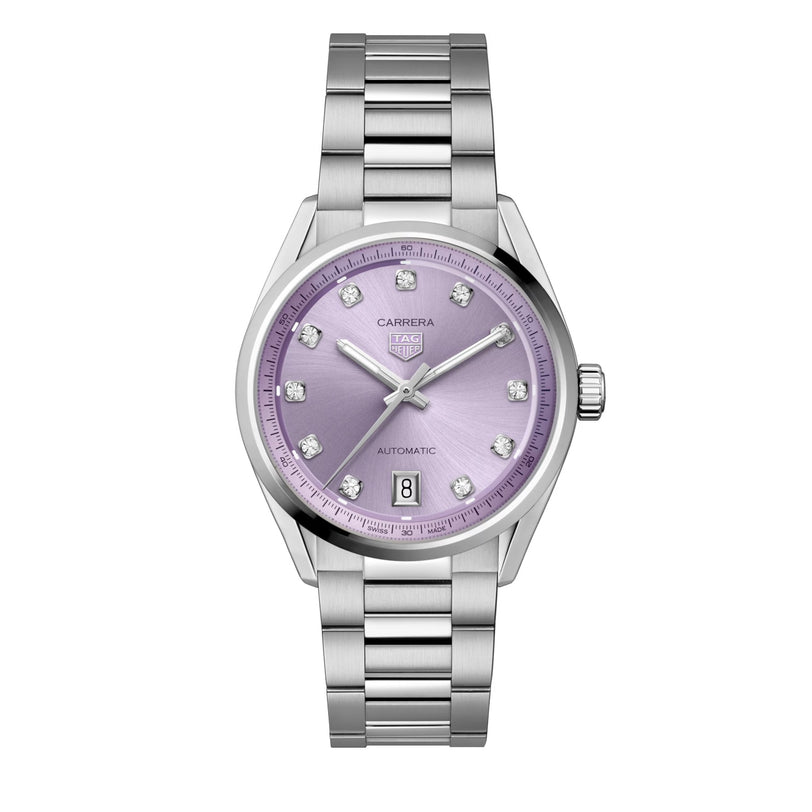 The TAG Heuer Carrera Date features a silver wristwatch with a lavender dial, diamond hour markers, date display, and a metal link band.