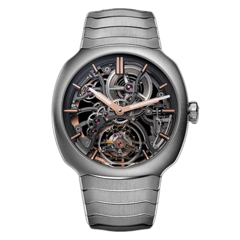 The H. Moser & Cie Streamliner Tourbillon Skeleton is a silver wristwatch with a skeleton dial, exposed gears, tourbillon movement, rose gold accents, and a metal bracelet—ideal for minimalist style lovers.