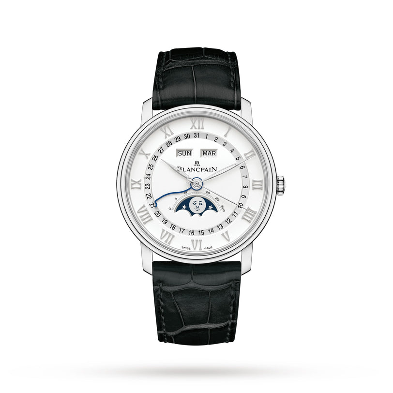 The Blancpain Villeret Quantième Complet features a white dial with Roman numerals, day and month windows, complete calendar with moon phase display, and a black leather strap.